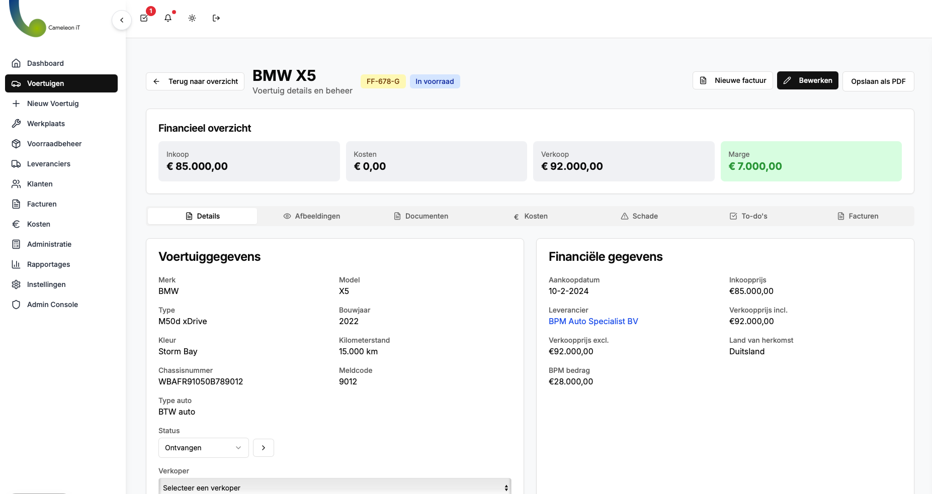 Voertuig detail pagina met financieel overzicht